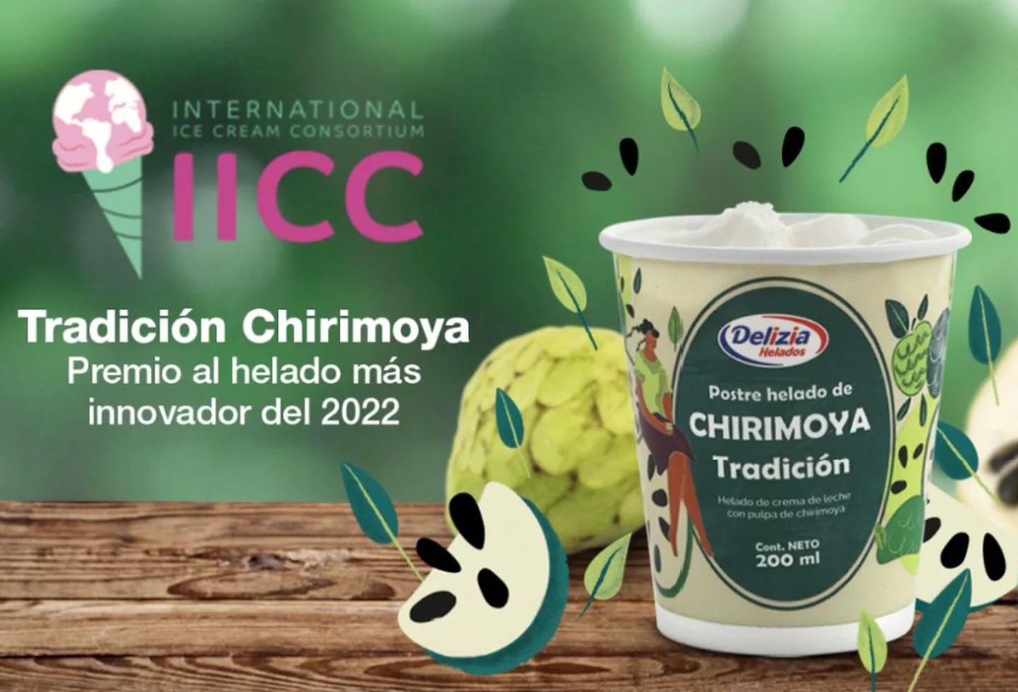 The Tradición Chirimoya tub beside the International Ice Cream Consortium seal for the most innovative ice cream of 2022.