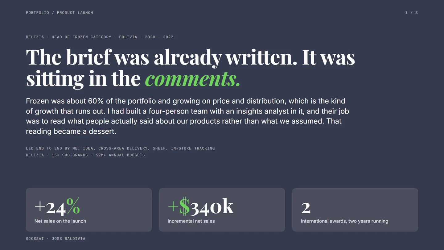 Thesis page: the brief was already written, sitting in the consumer comments.
